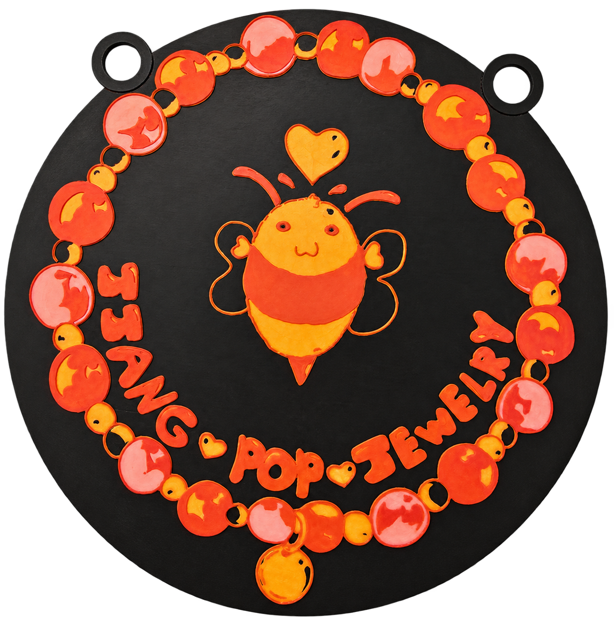 Round black family sign with a bright orange bee and hand-painted details