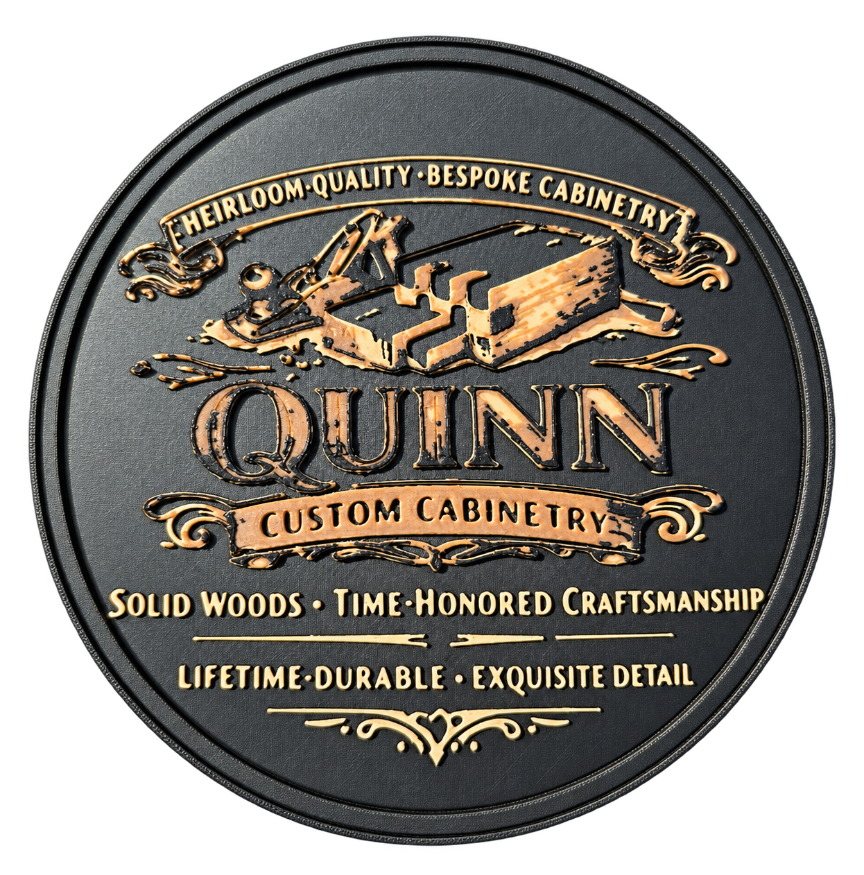 Detailed two-color Quinn Custom Cabinetry printed plaque