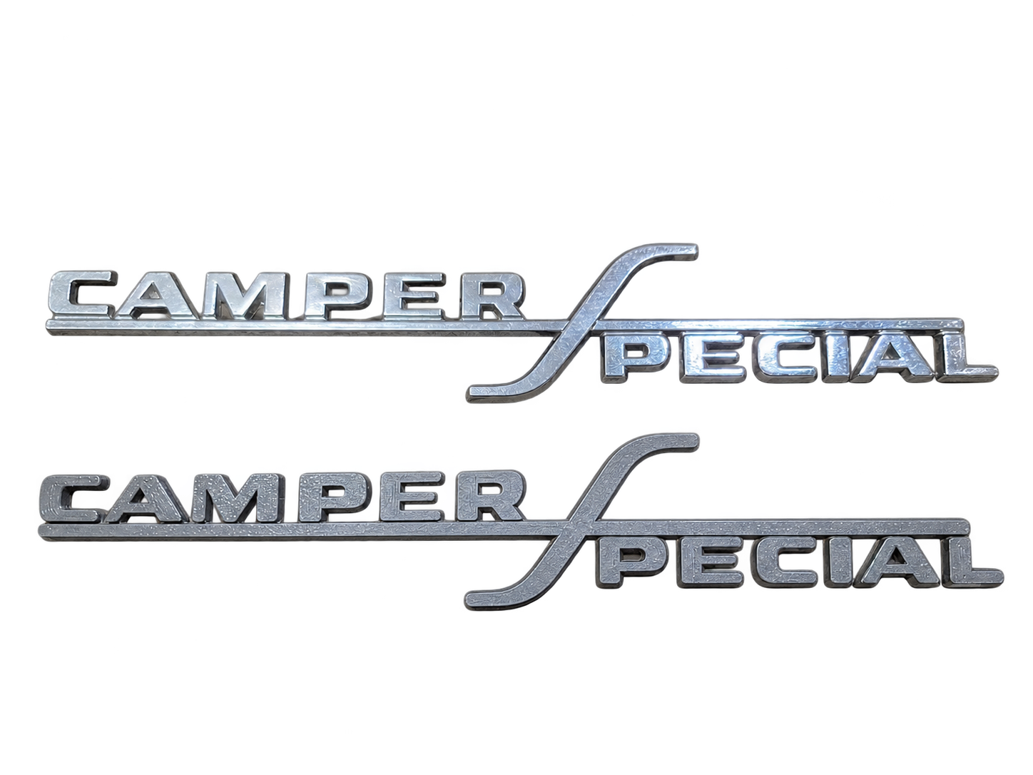 Second view of the metallic Camper Special reproduction emblem set