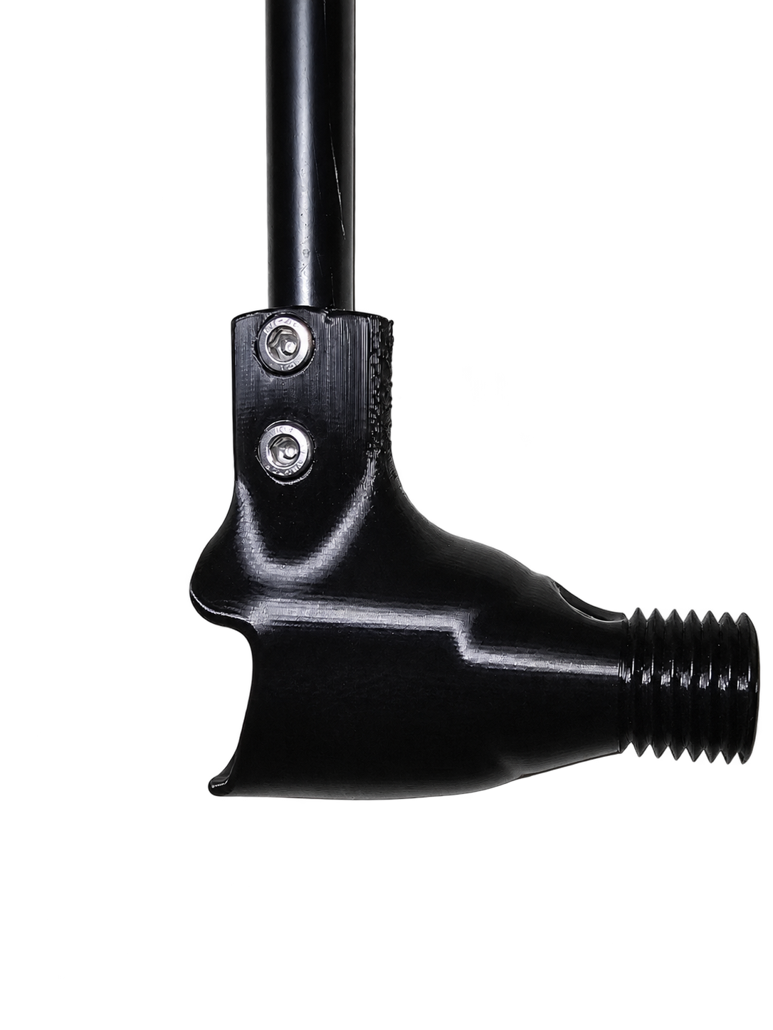 Close-up of the threaded printed attachment and its mounting hardware