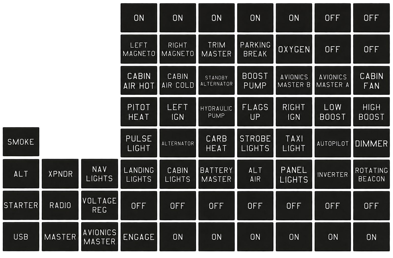 Complete set of black aviation control-panel labels arranged by system