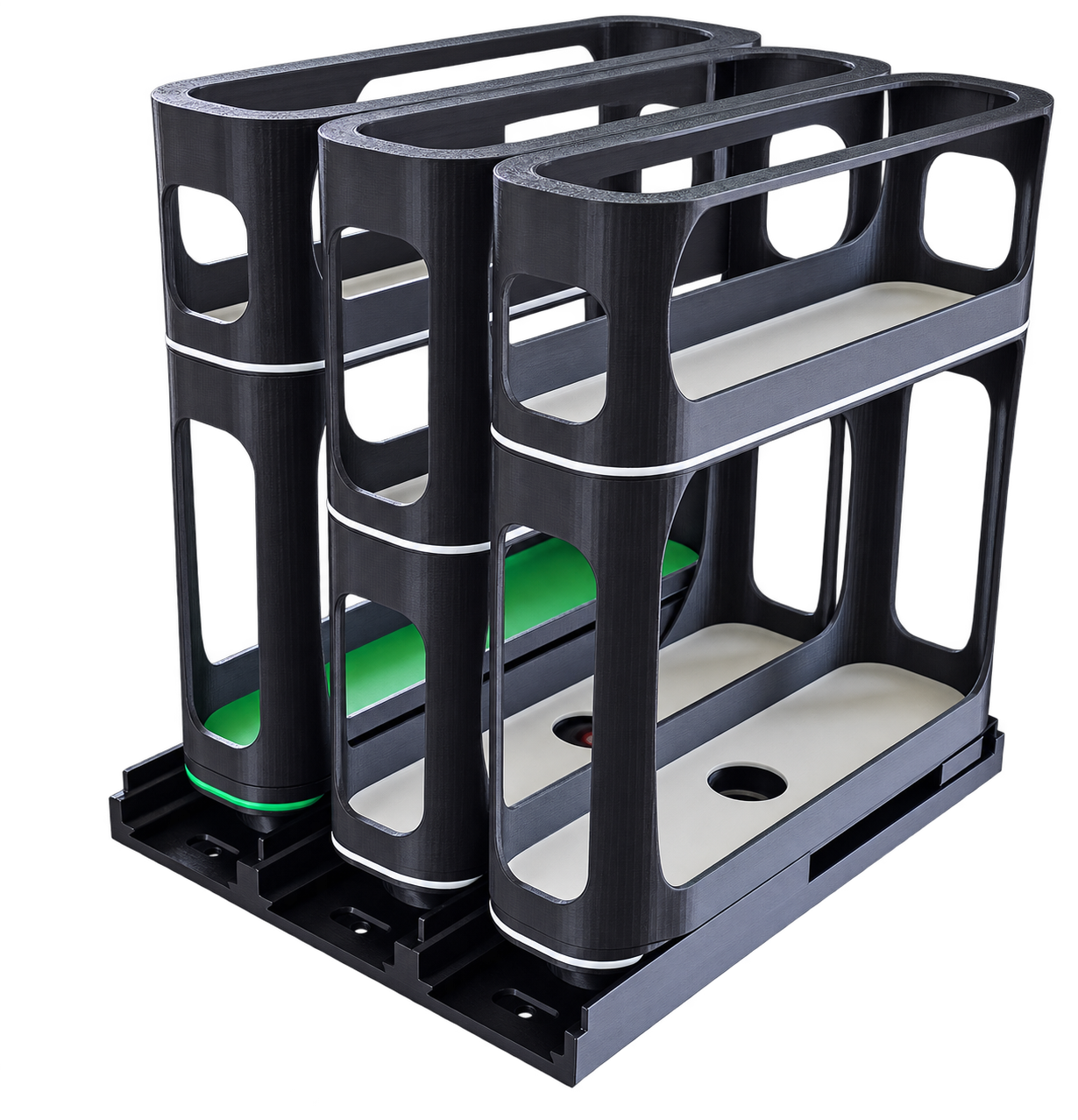 Custom black modular organizer with green and white inserts