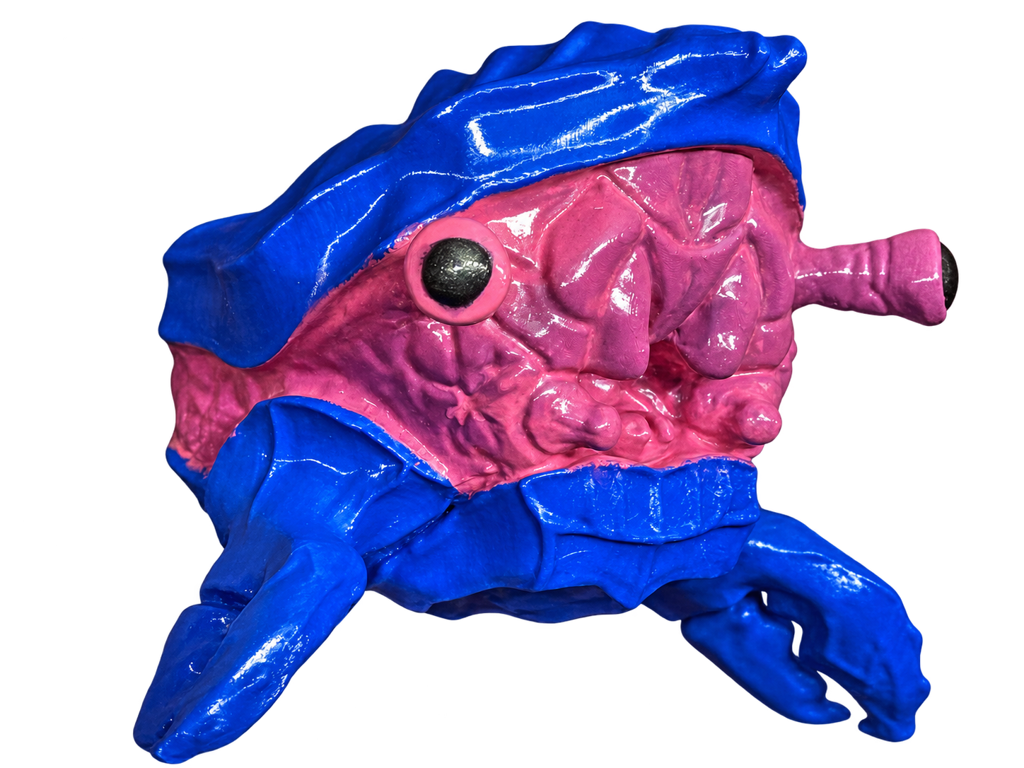 Large blue and pink hand-painted fantasy crab sculpture