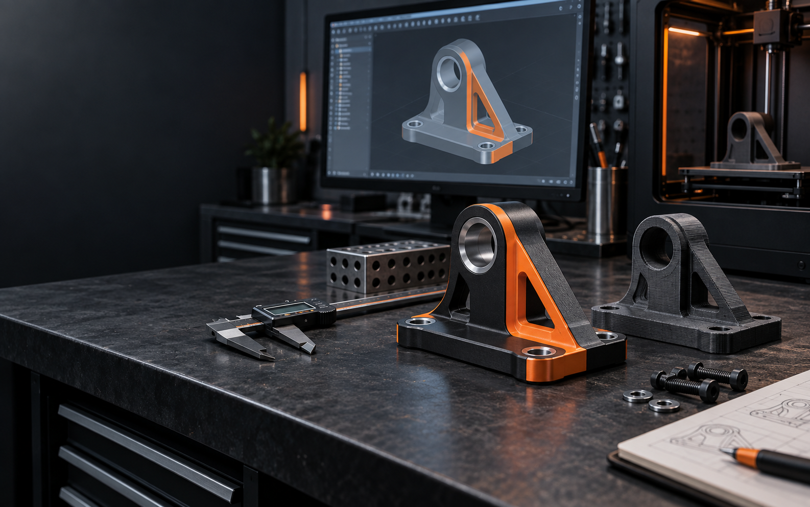 CAD design and finished functional 3D printed prototypes on a fabrication workbench