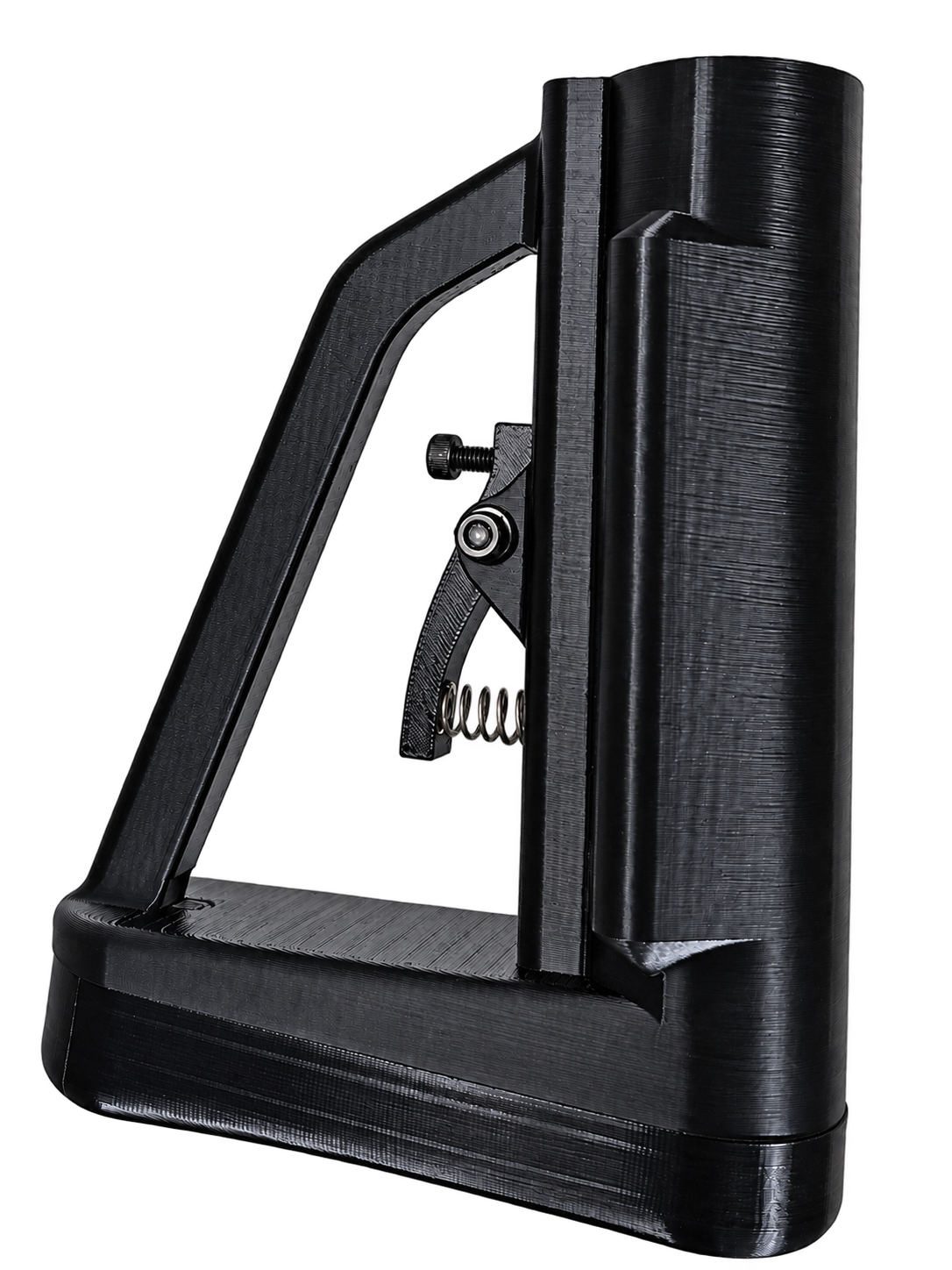 Detailed view of the prototype's printed frame, pivot, spring, and trigger
