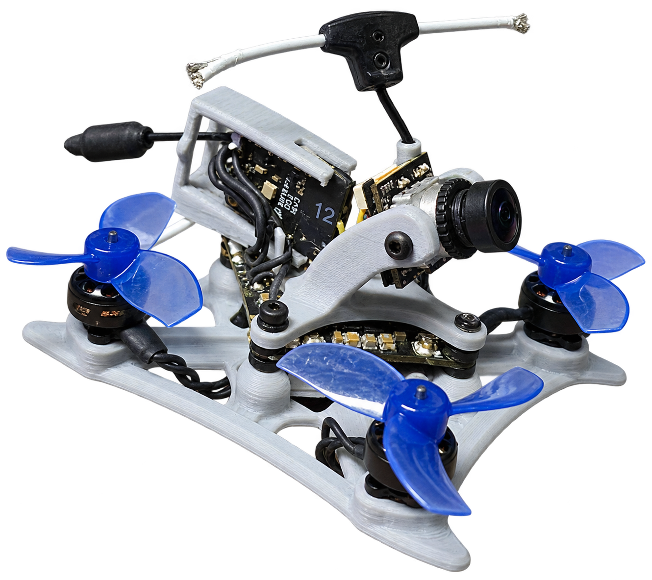 Angle view of the compact FPV drone showing its printed frame and electronics
