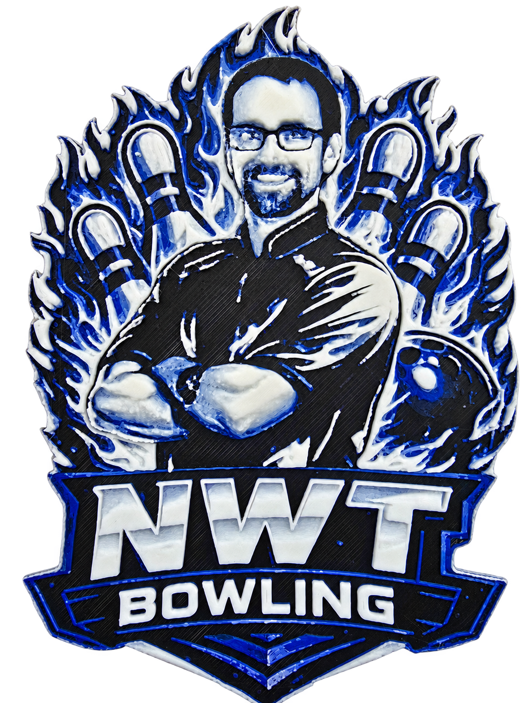 Layered blue, black, and white NWT Bowling character wall sign
